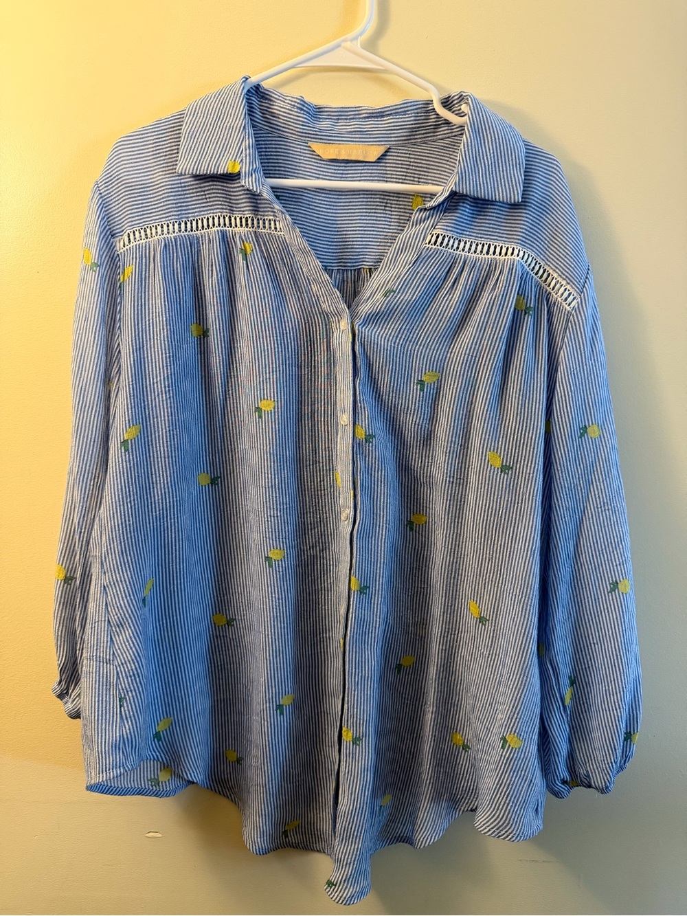 Striped Blue Button-Front Blouse with Yellow Dot Accents